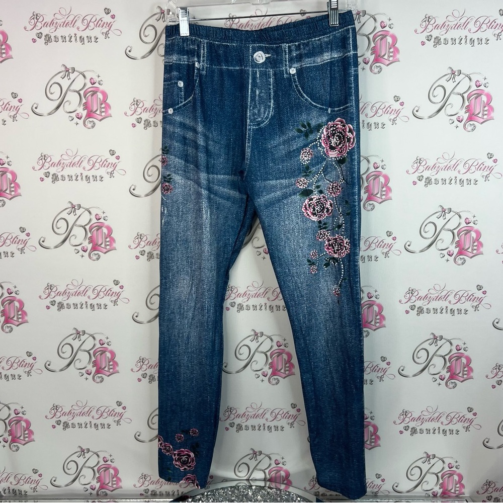 Tights leggings denim look floral flowers jeans. Embroidered Blue Jeans